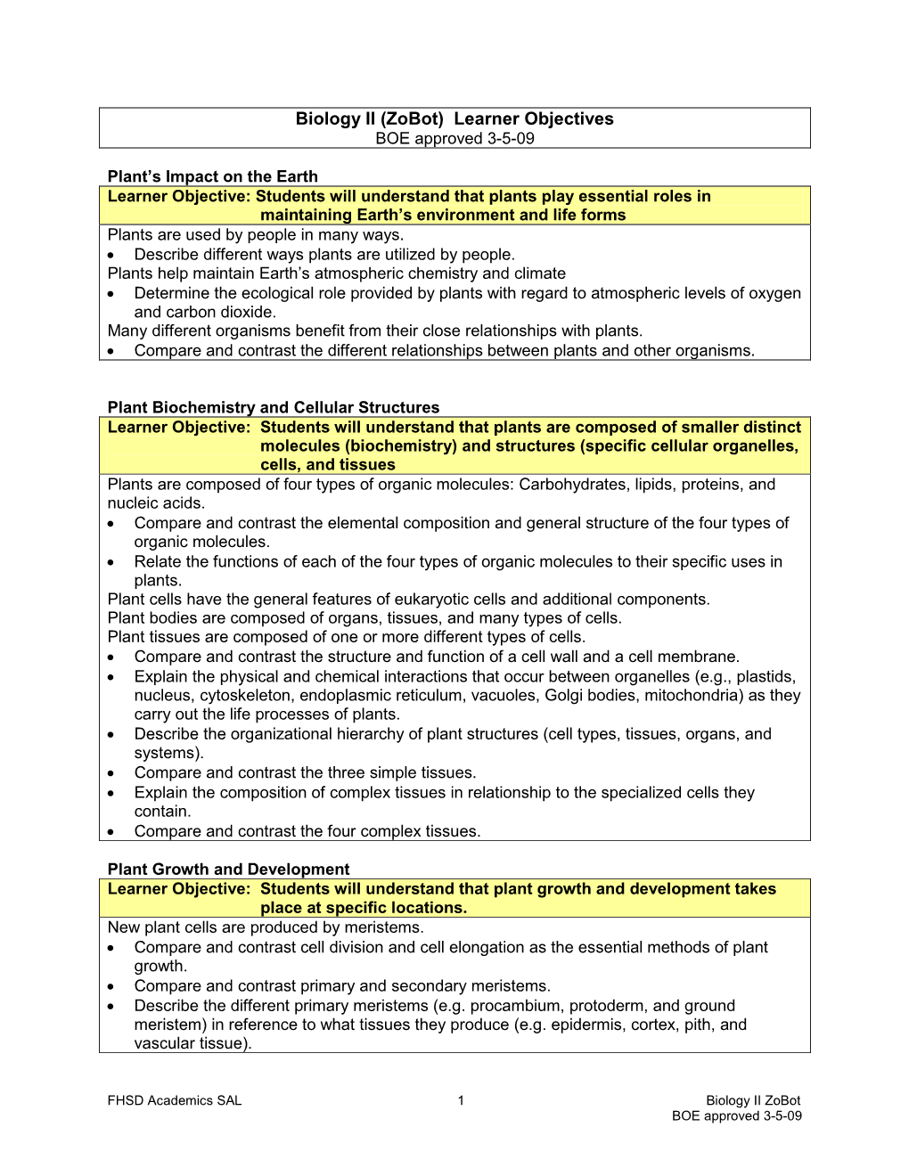 Biology II (Zobot) Learner Objectives BOE Approved 3-5-09