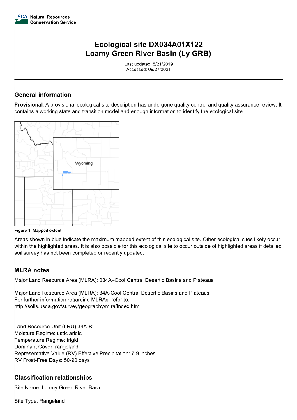 Ecological Site DX034A01X122 Loamy Green River Basin (Ly GRB)