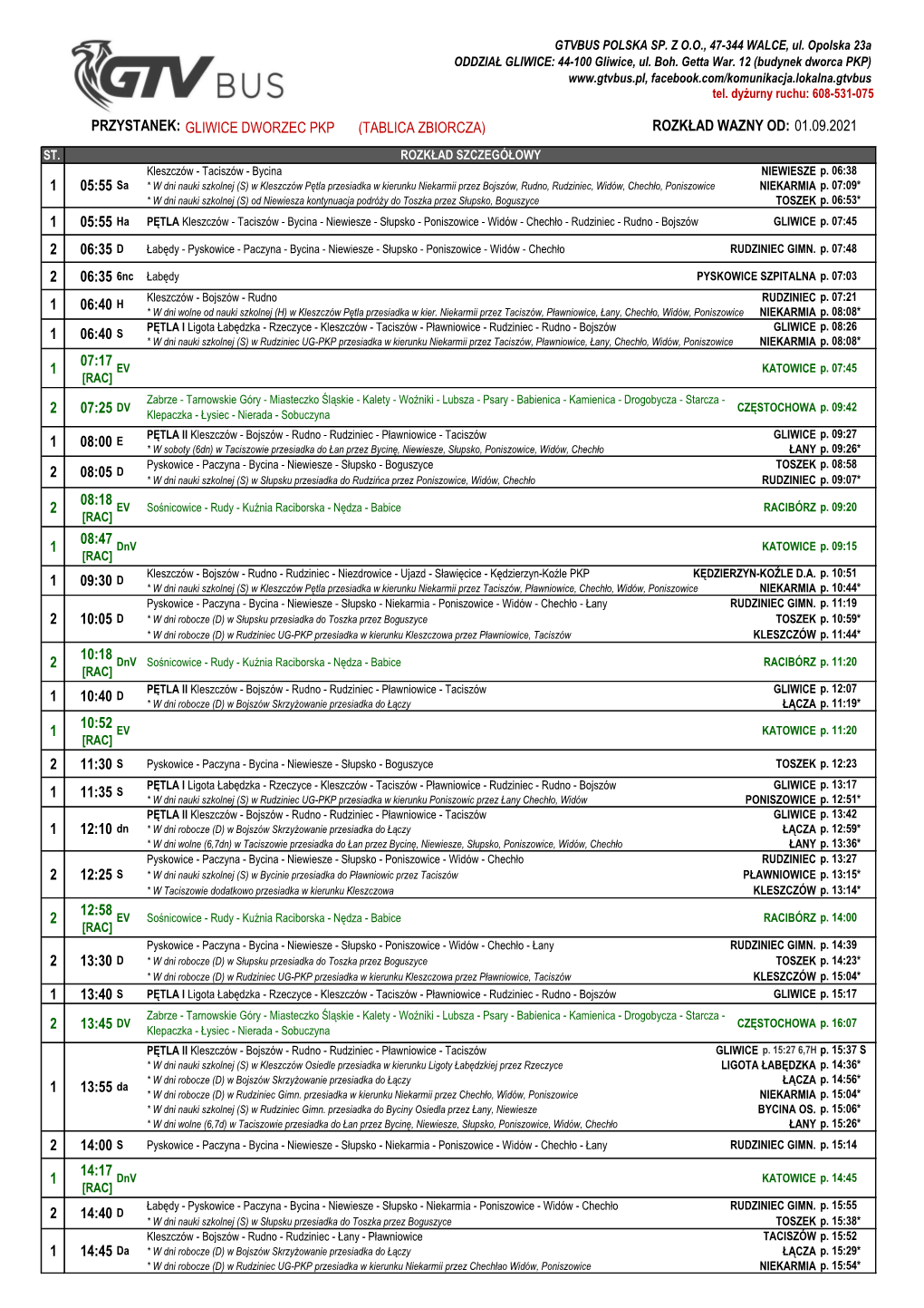 Gliwice Dworzec Pkp (Tablica Zbiorcza) Rozkład Ważny Od: 01.09.2021