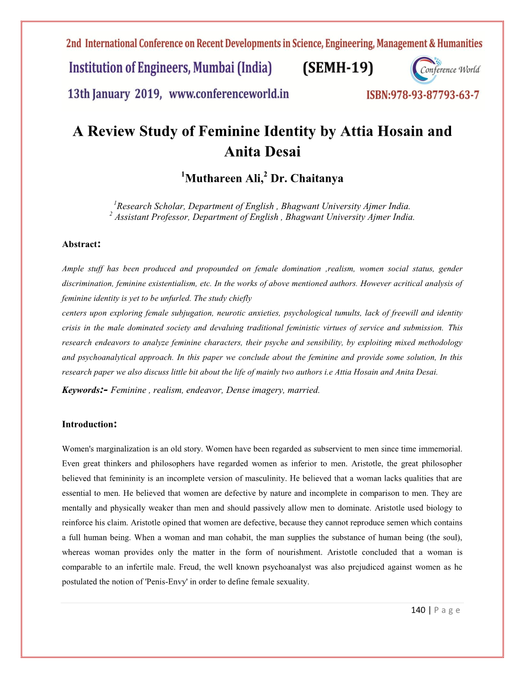 A Review Study of Feminine Identity by Attia Hosain and Anita Desai