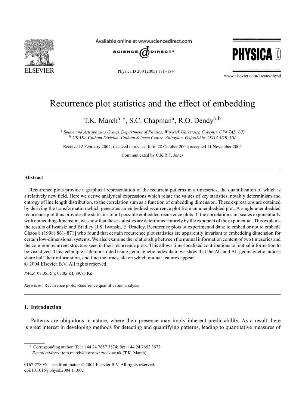 Recurrence Plot Statistics and the Effect of Embedding