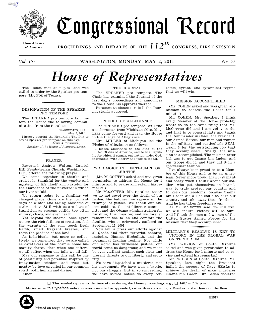 Congressional Record United States Th of America PROCEEDINGS and DEBATES of the 112 CONGRESS, FIRST SESSION