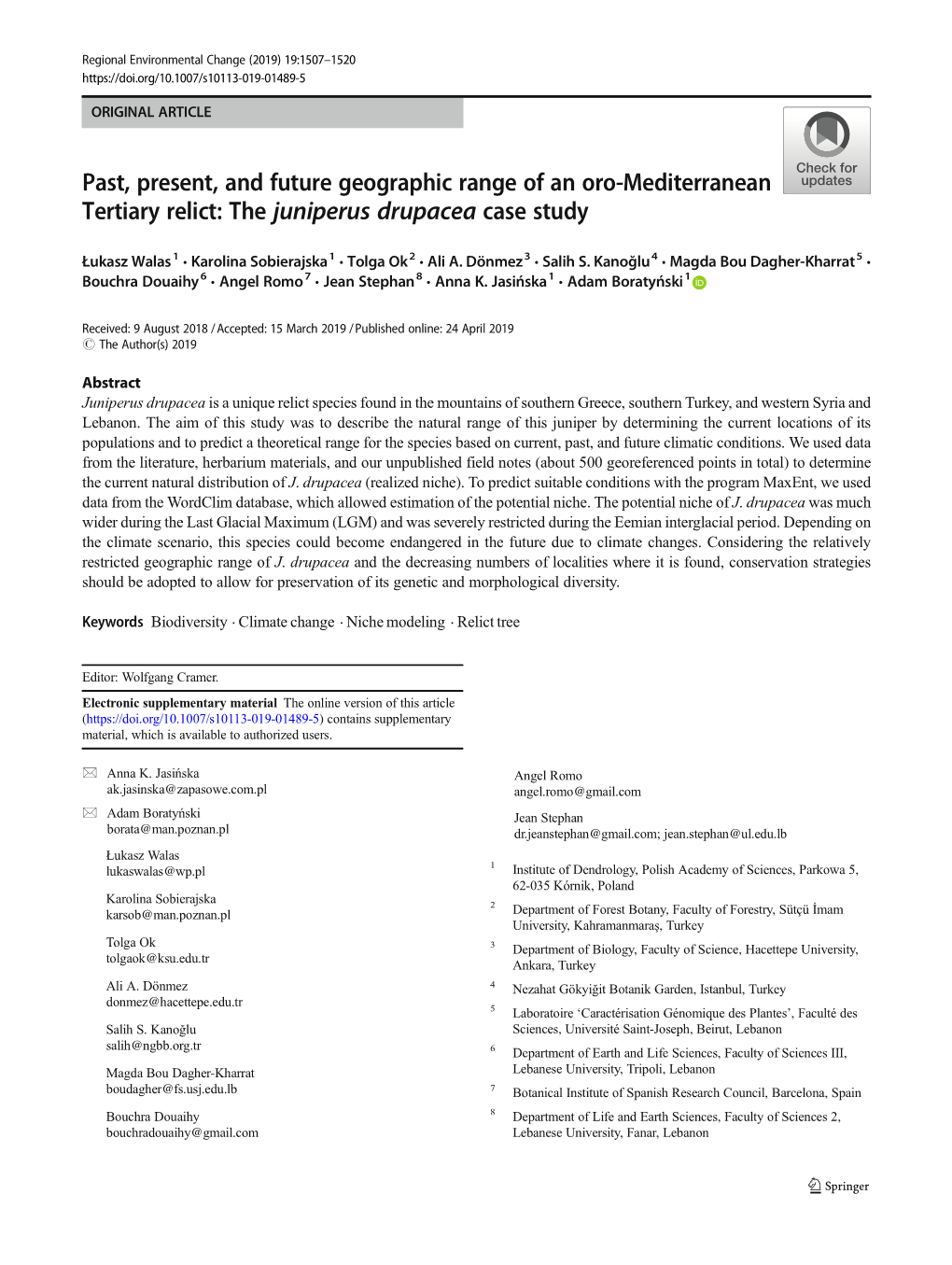 Past, Present, and Future Geographic Range of an Oro-Mediterranean Tertiary Relict: the Juniperus Drupacea Case Study