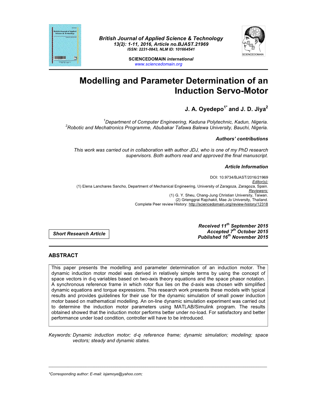 Modelling and Parameter Determination of an Induction Servo-Motor