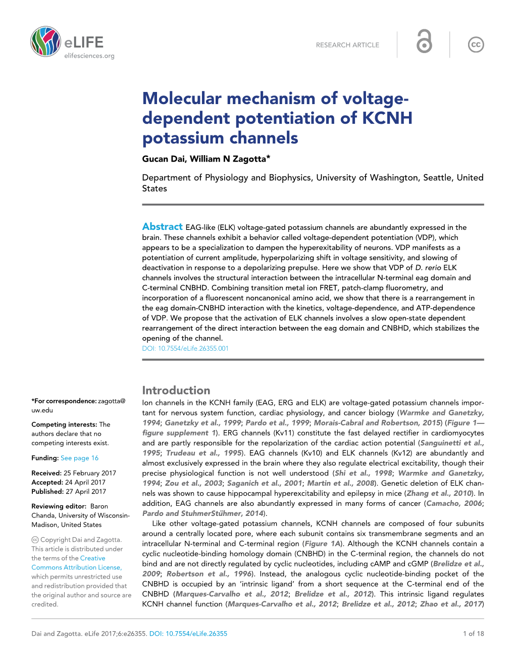 Dependent Potentiation of KCNH Potassium Channels Gucan Dai, William N Zagotta*