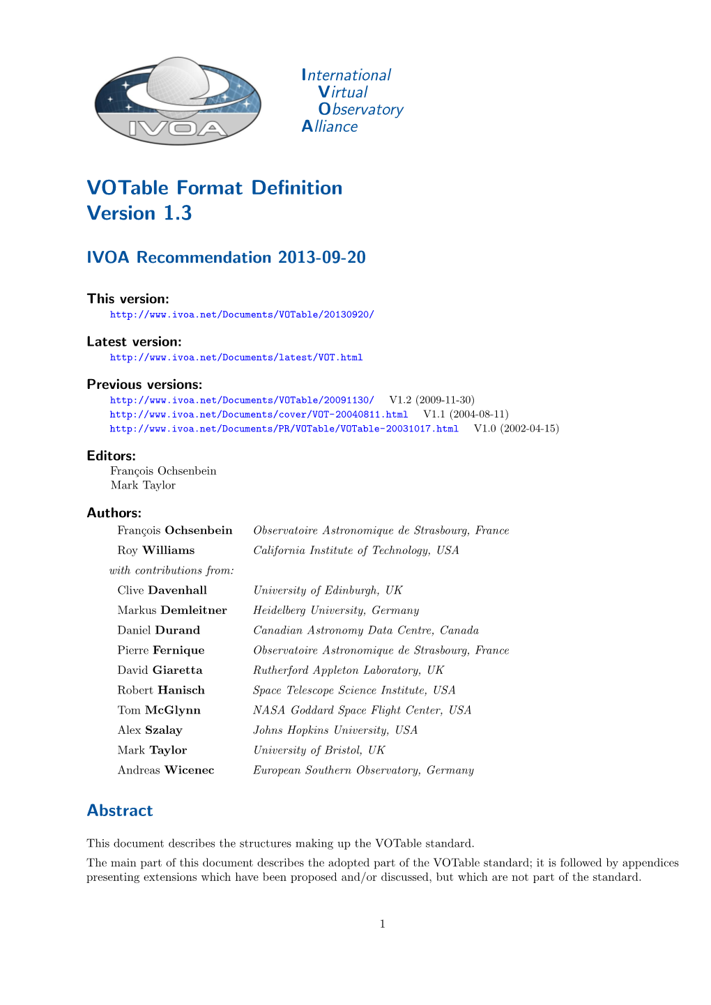 Votable Format Deﬁnition Version 1.3