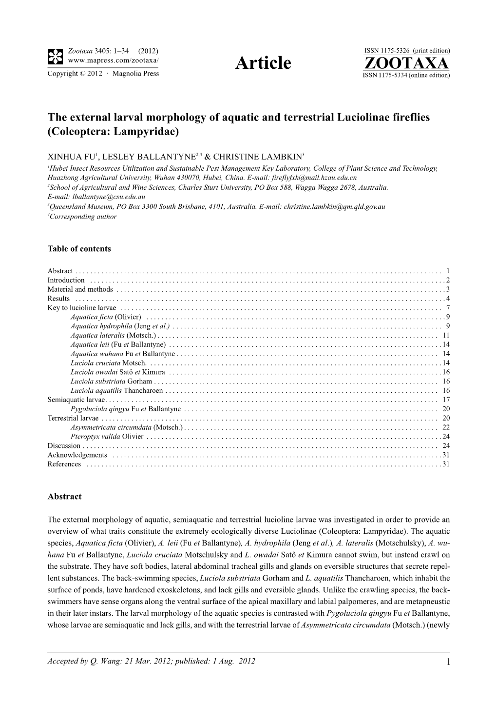 The External Larval Morphology of Aquatic and Terrestrial Luciolinae Fireflies (Coleoptera: Lampyridae)