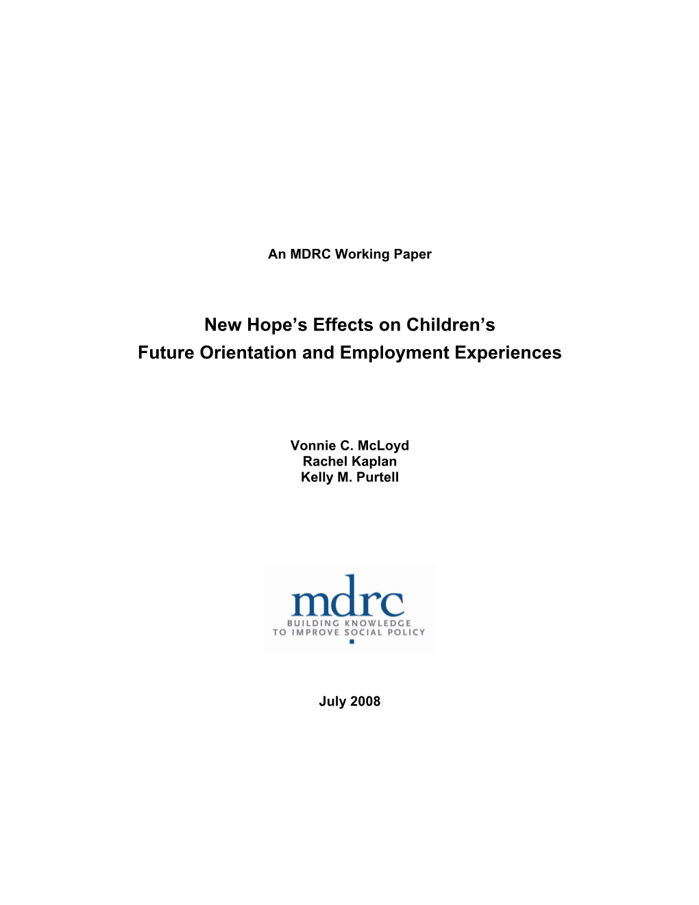 New Hope's Effects on Children's Future Orientation and Employment