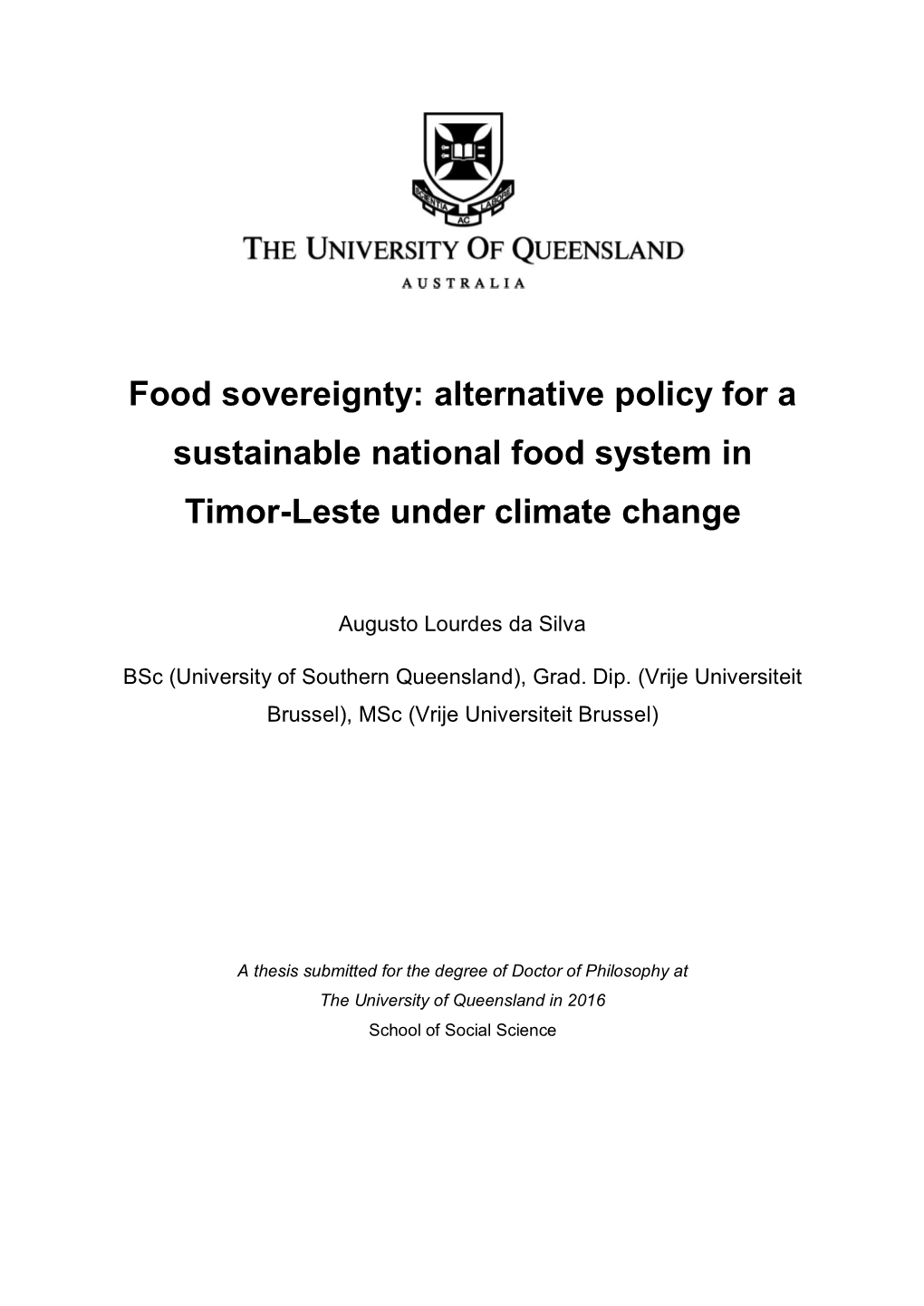 Food Sovereignty: Alternative Policy for a Sustainable National Food System in Timor-Leste Under Climate Change