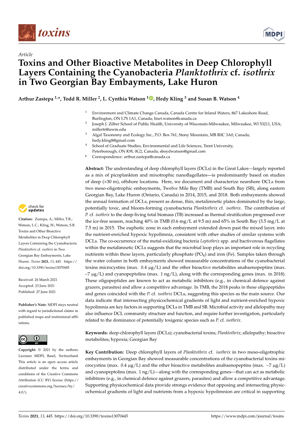 Toxins and Other Bioactive Metabolites in Deep Chlorophyll Layers Containing the Cyanobacteria Planktothrix Cf