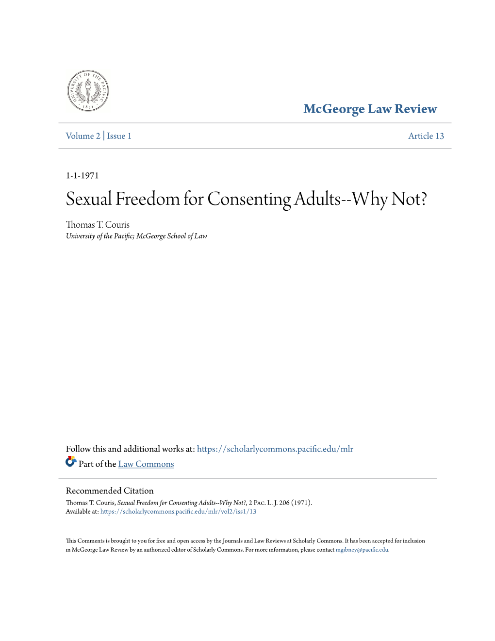 Sexual Freedom for Consenting Adults--Why Not? Thomas T