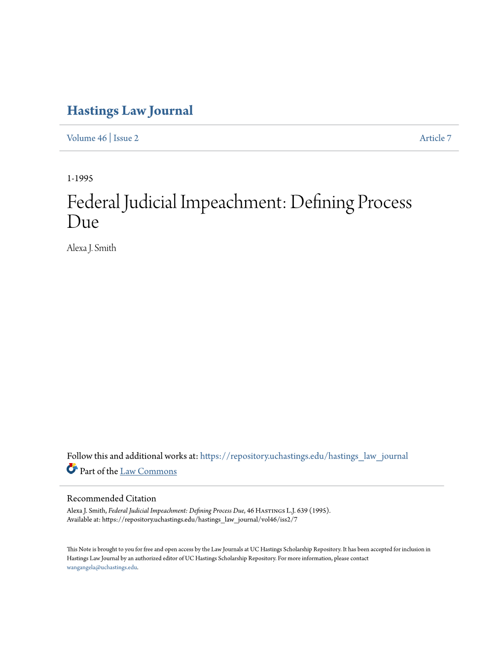 Federal Judicial Impeachment: Defining Process Due Alexa J