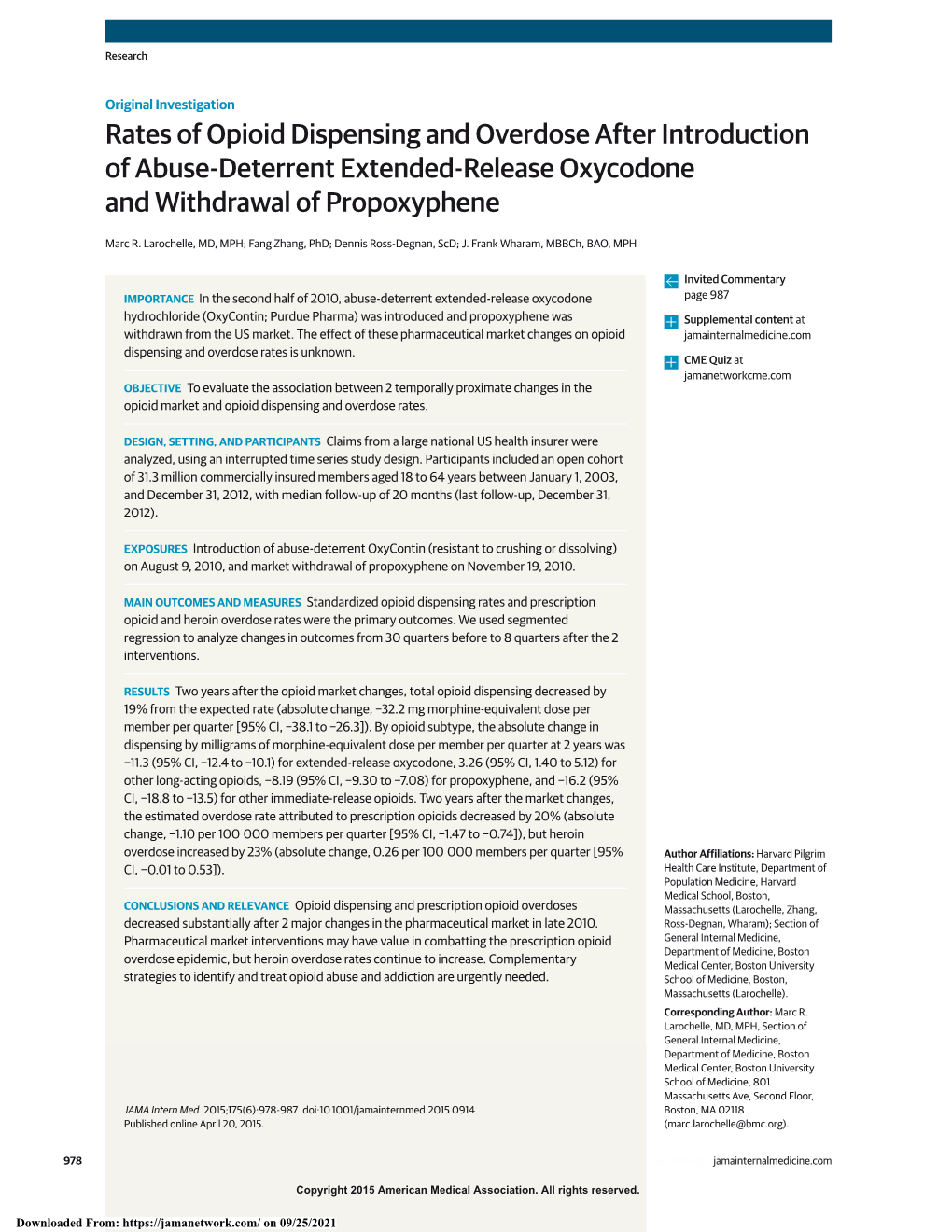 Rates of Opioid Dispensing and Overdose After Introduction of Abuse-Deterrent Extended-Release Oxycodone and Withdrawal of Propoxyphene