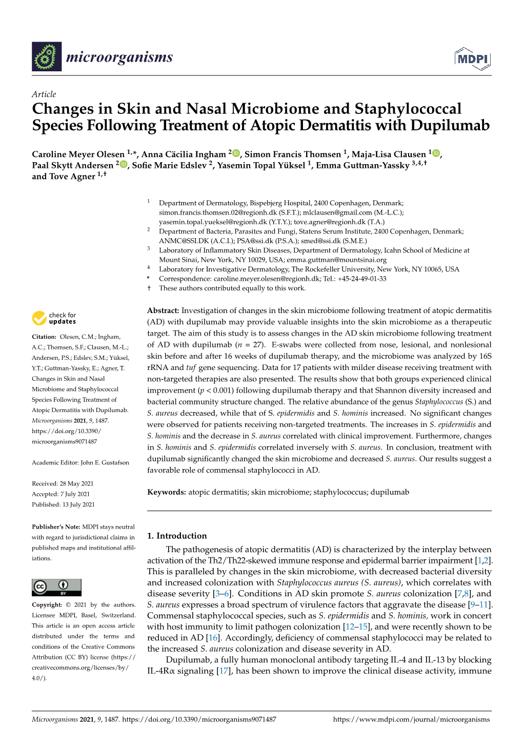 Changes in Skin and Nasal Microbiome and Staphylococcal Species Following Treatment of Atopic Dermatitis with Dupilumab