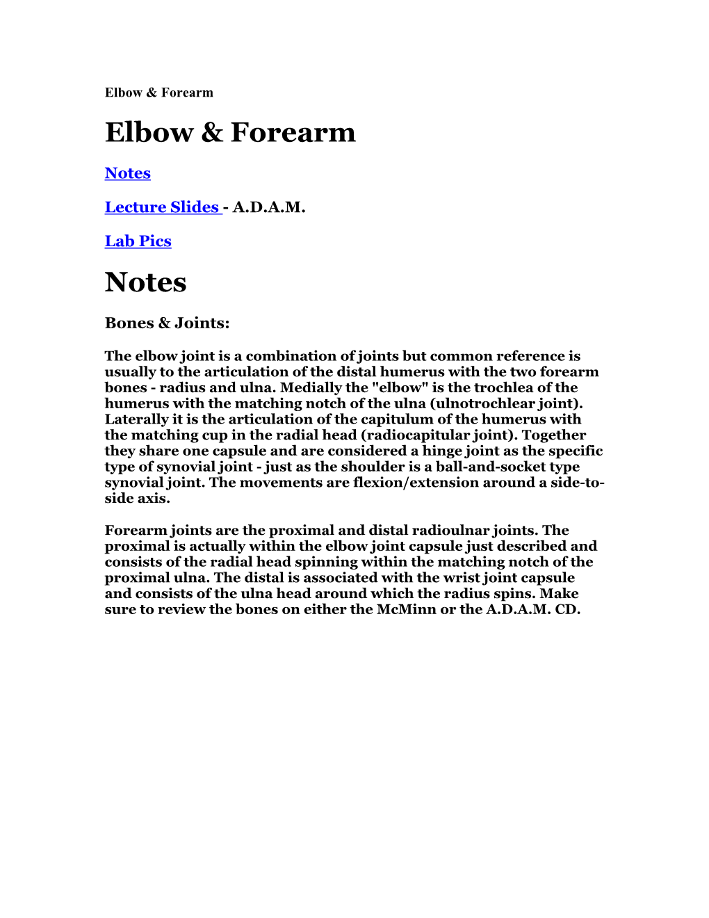 Elbow & Forearm Notes