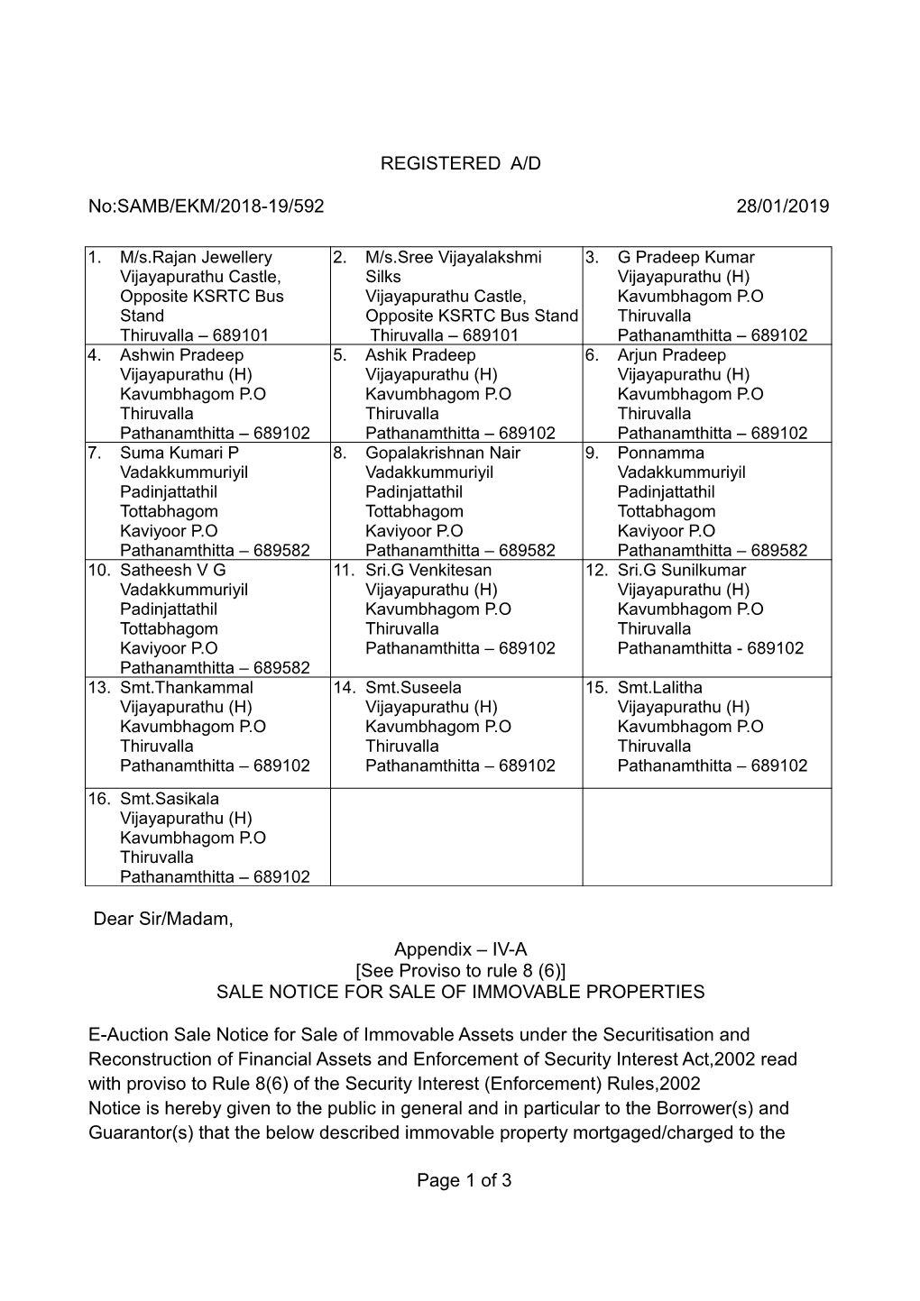 REGISTERED A/D No:SAMB/EKM/2018-19/592