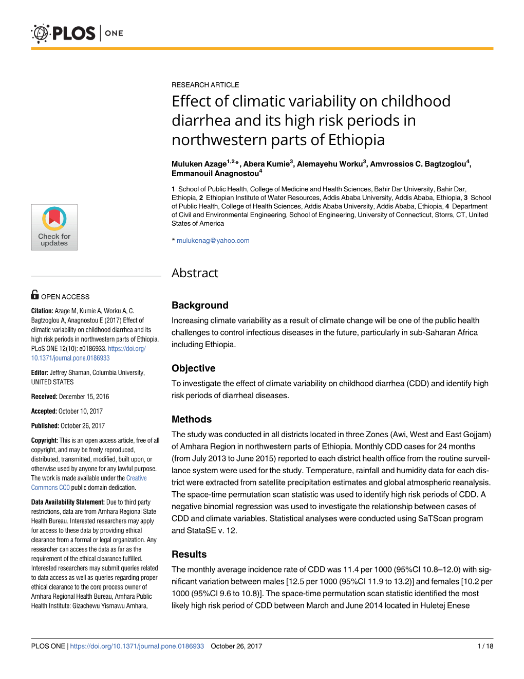 Effect of Climatic Variability on Childhood Diarrhea and Its High Risk Periods in Northwestern Parts of Ethiopia