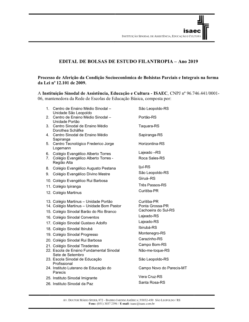 EDITAL DE BOLSAS DE ESTUDO FILANTROPIA – Ano 2019