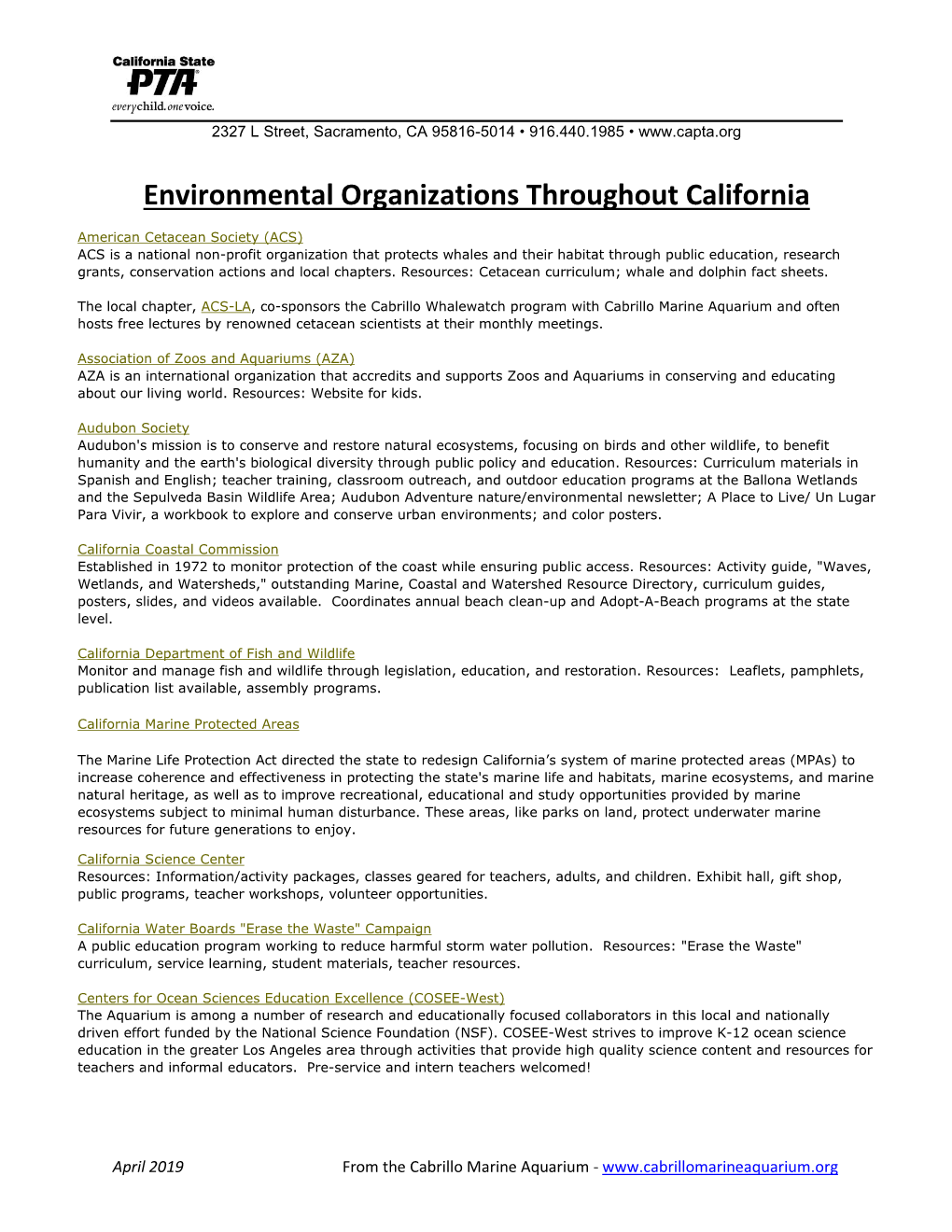 Environmental Organizations Throughout California