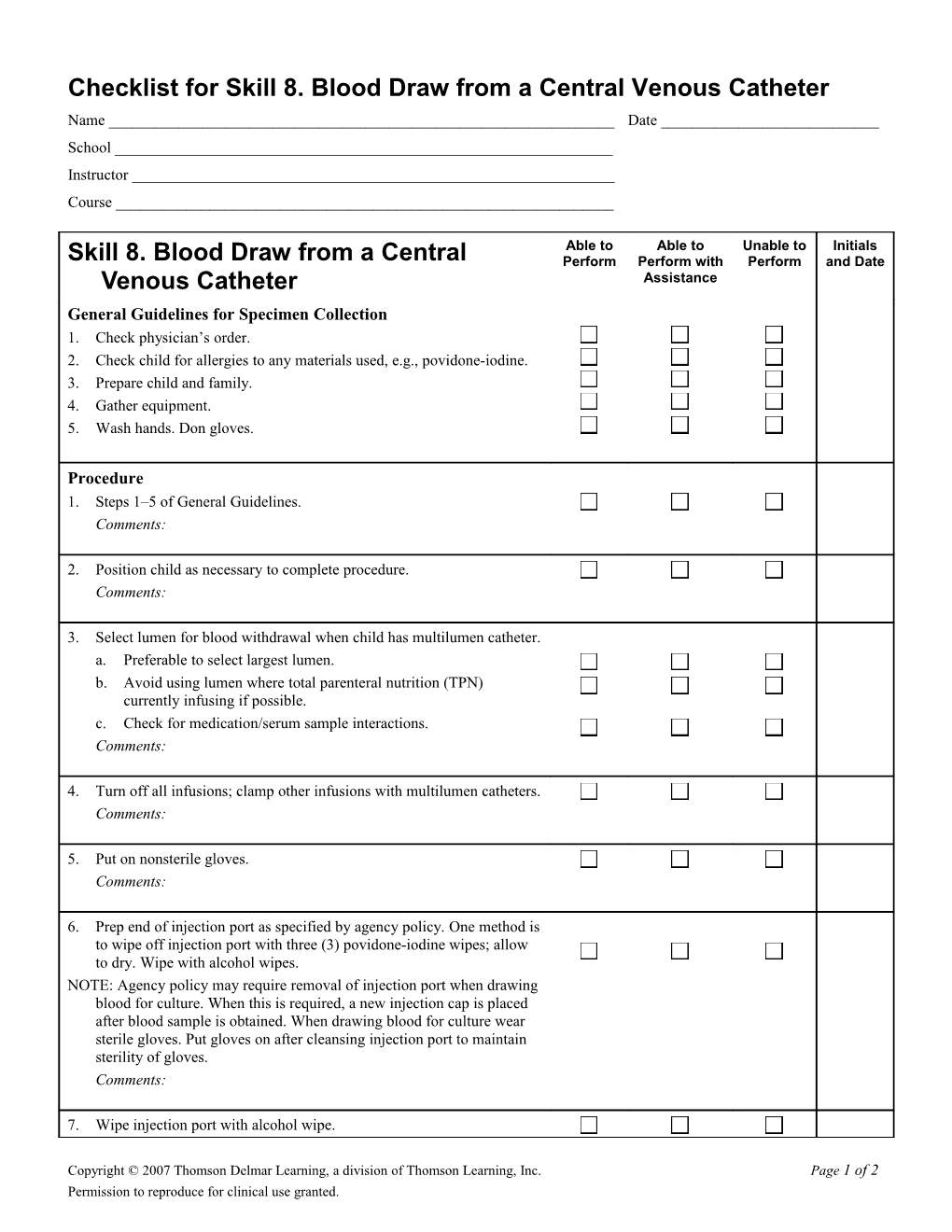 Checklist for Skill 1