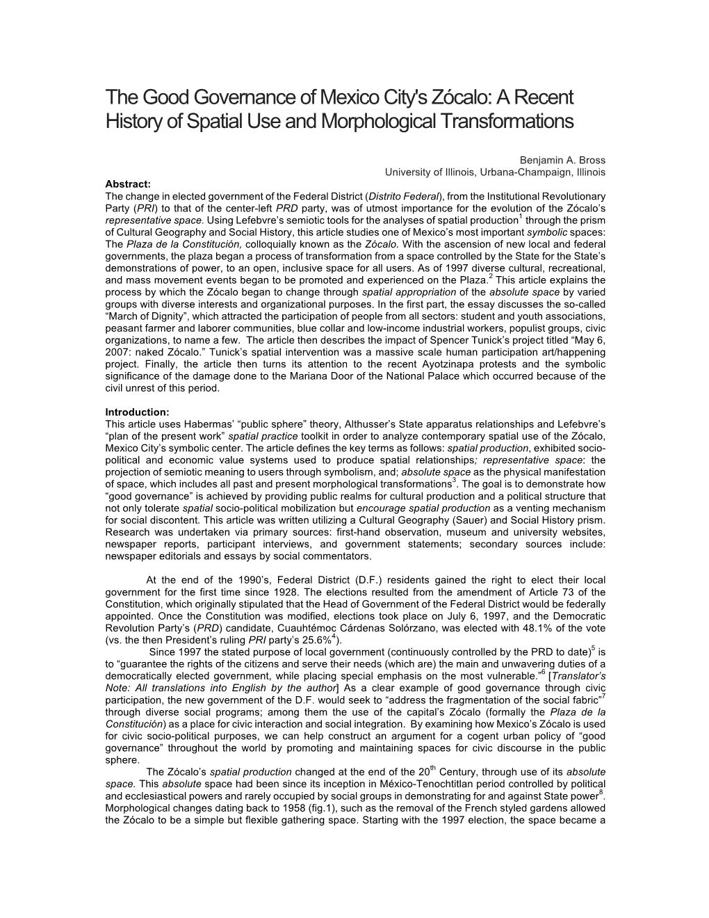 The Good Governance of Mexico City's Zócalo: a Recent History of Spatial Use and Morphological Transformations