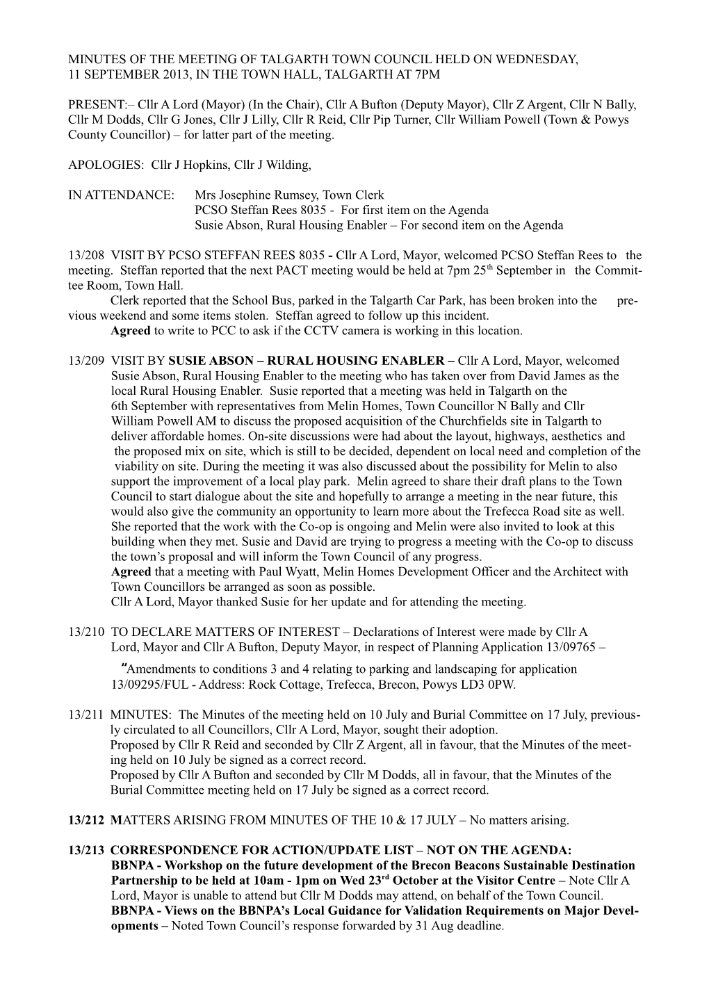 Minutes of the Meeting of Talgarth Town Council Held on Wednesday, 10 October 2012, In s2