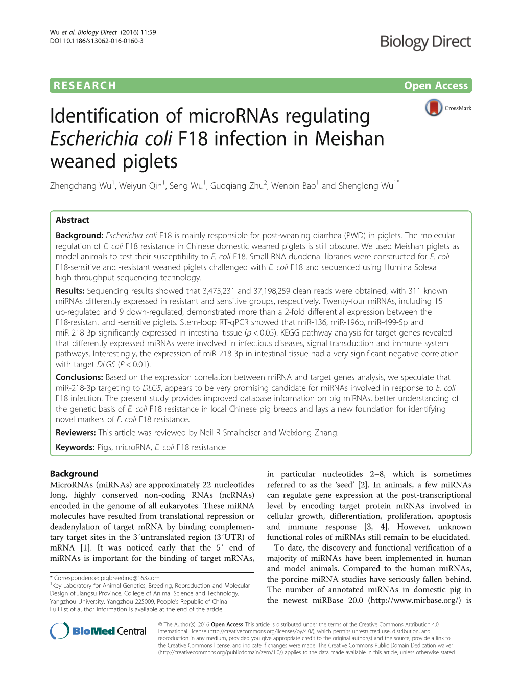 Identification of Micrornas Regulating Escherichia Coli F18 Infection in Meishan Weaned Piglets