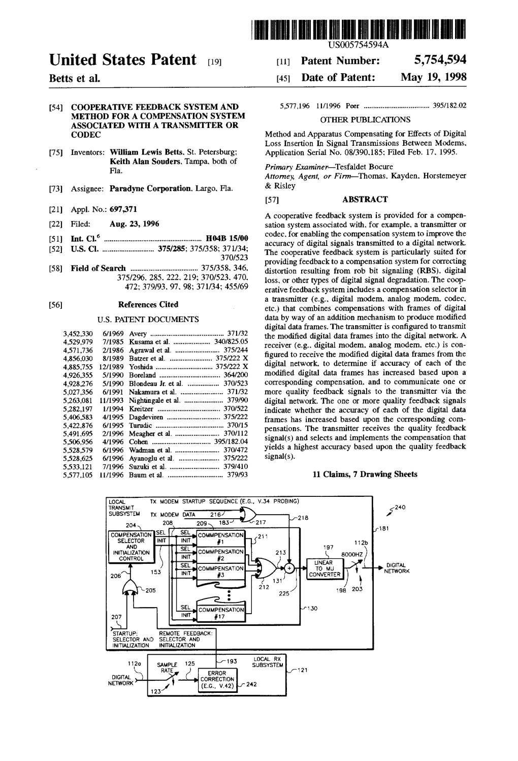 1|||||Lllllllllllllllllllllllllllllllilllllllllilllllllllllllllllllllllllll USO05754594A Uilltedo States Pilt?Llt [19] [11] Patent Number: 5,754,594 Betts Et A]