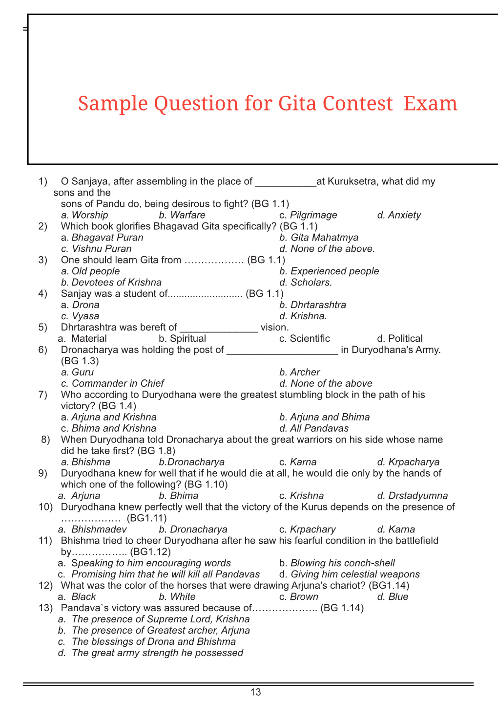 Sample Question for Gita Contest Exam PART B SAMPLE QUESTIONNAIRE Chapter 1