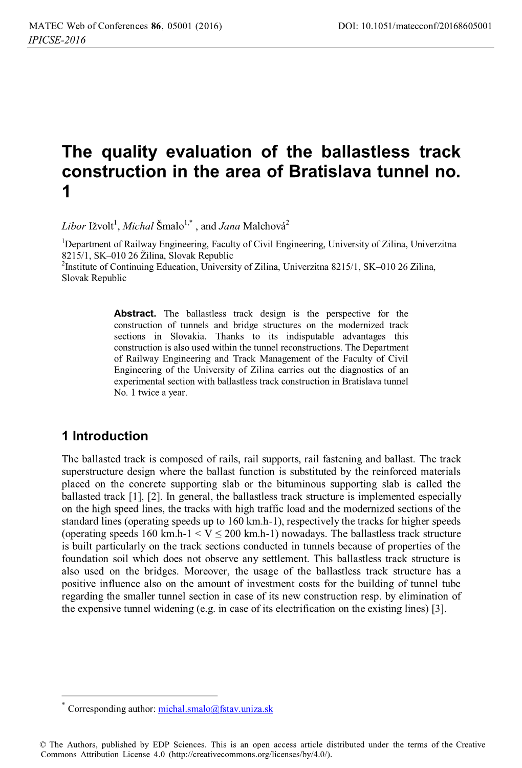 The Quality Evaluation of the Ballastless Track Construction in the Area of Bratislava Tunnel No