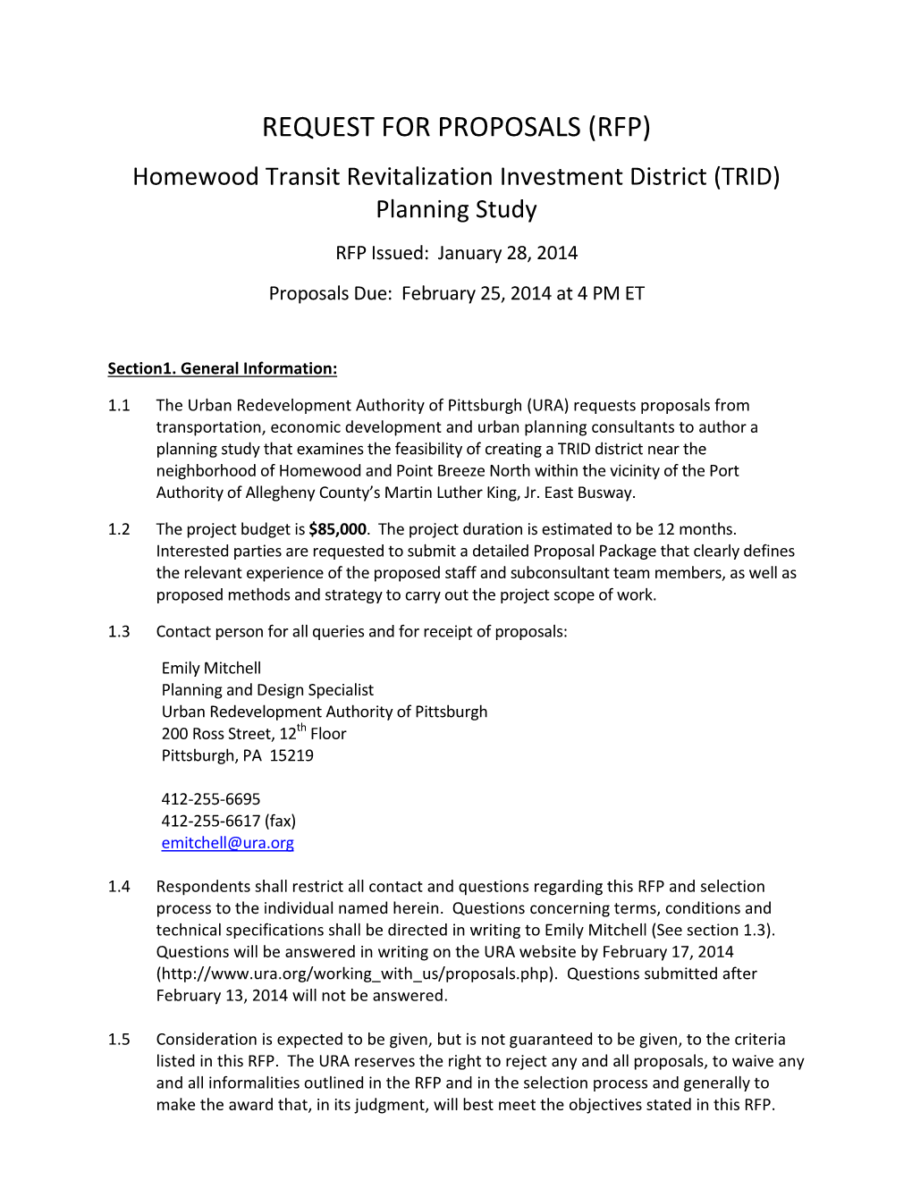 RFP) Homewood Transit Revitalization Investment District (TRID) Planning Study RFP Issued: January 28, 2014 Proposals Due: February 25, 2014 at 4 PM ET