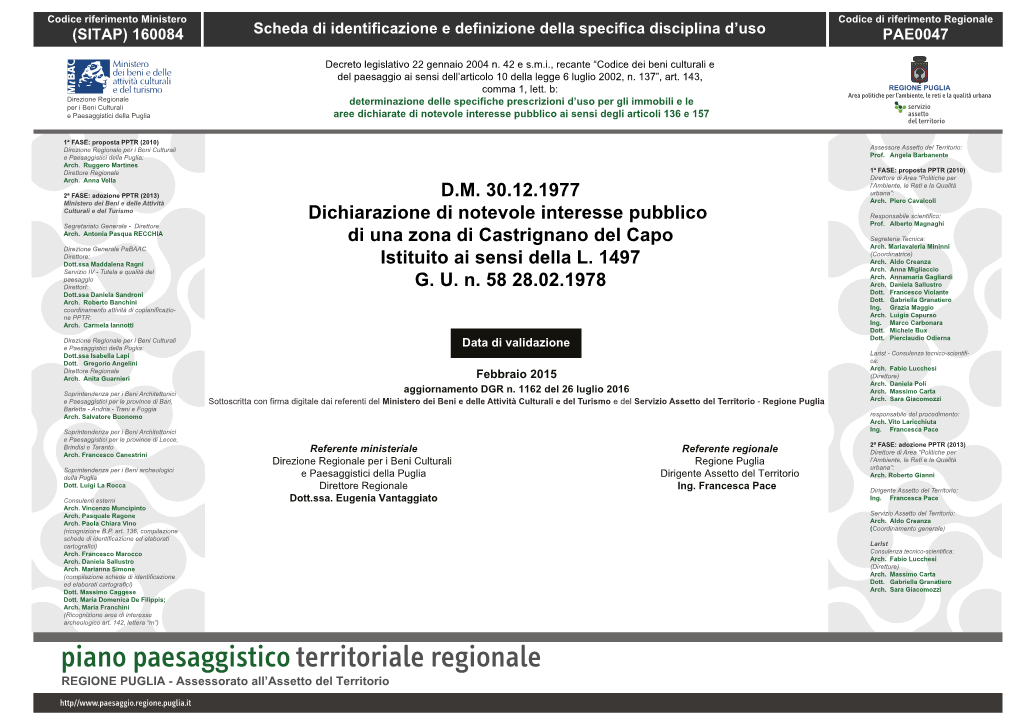 Piano Paesaggistico Territoriale Regionale REGIONE PUGLIA - Assessorato All’Assetto Del Territorio