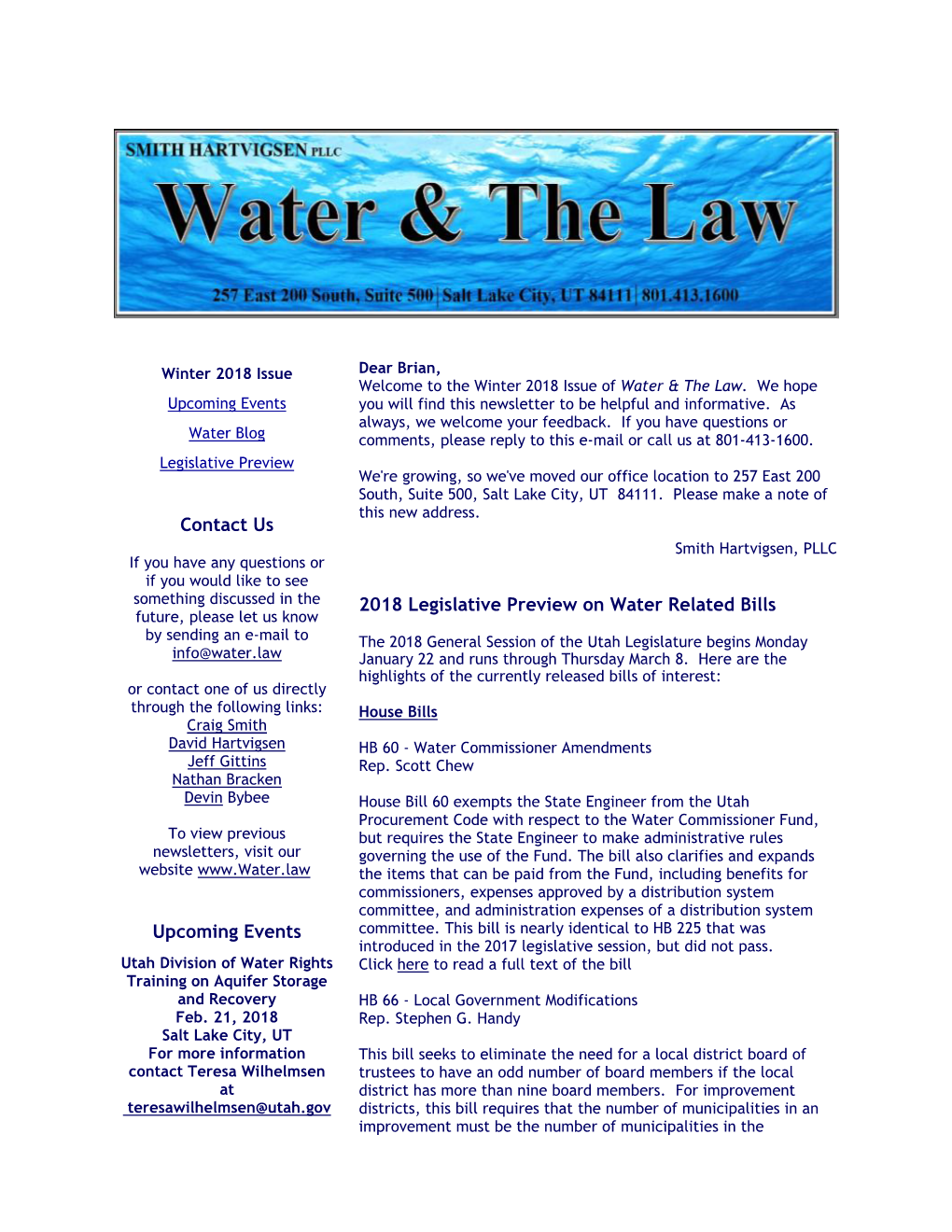 Contact Us Upcoming Events 2018 Legislative Preview on Water