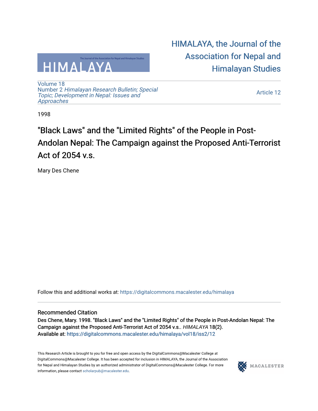 "Black Laws" and the "Limited Rights" of the People in Post- Andolan Nepal: the Campaign Against the Proposed Anti-Terrorist Act of 2054 V.S