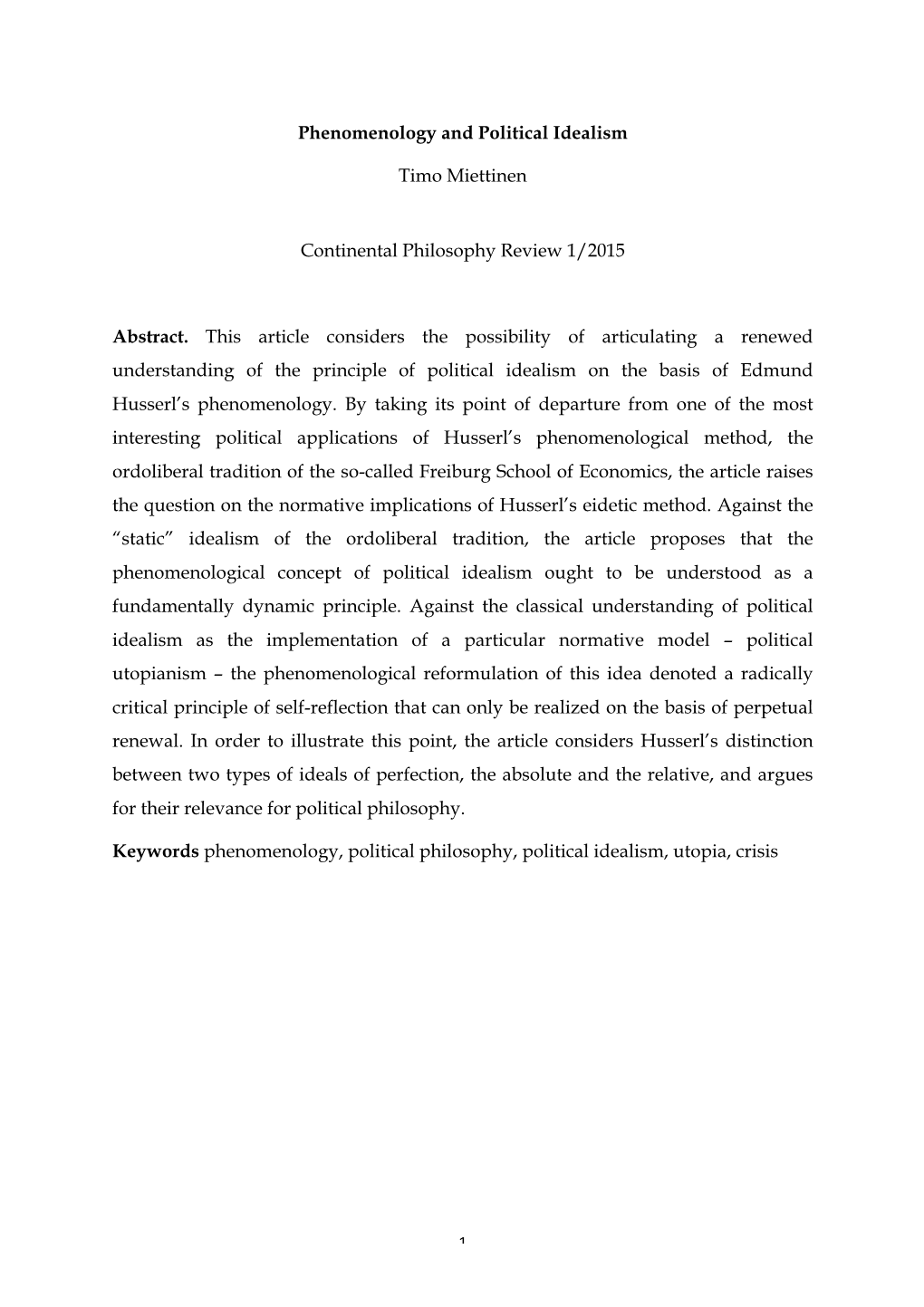 Phenomenology and Political Idealism Timo Miettinen Continental