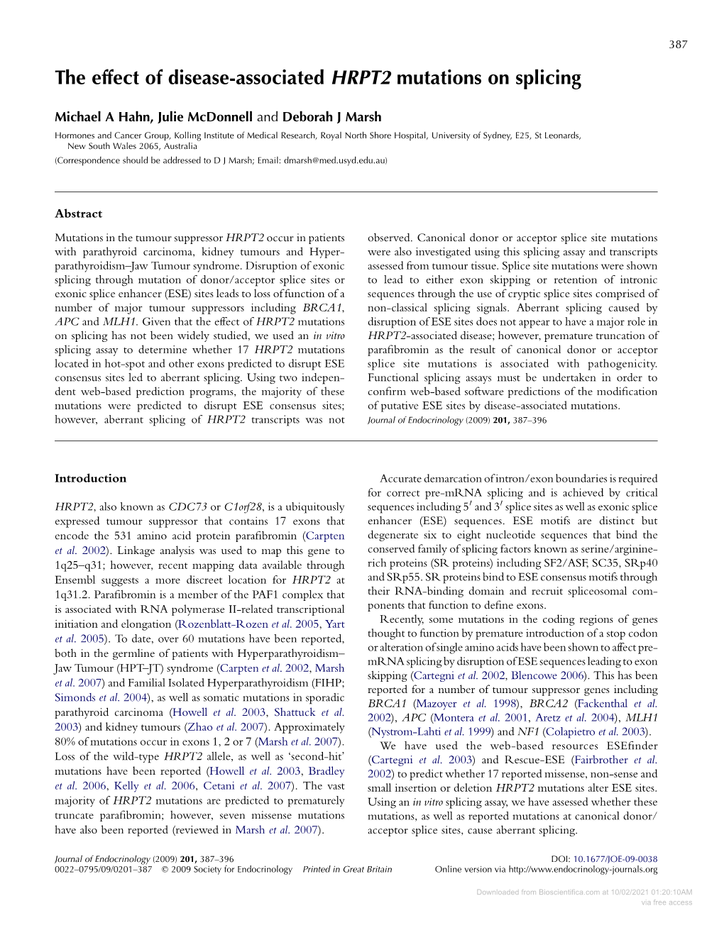 The Effect of Disease-Associated HRPT2 Mutations on Splicing