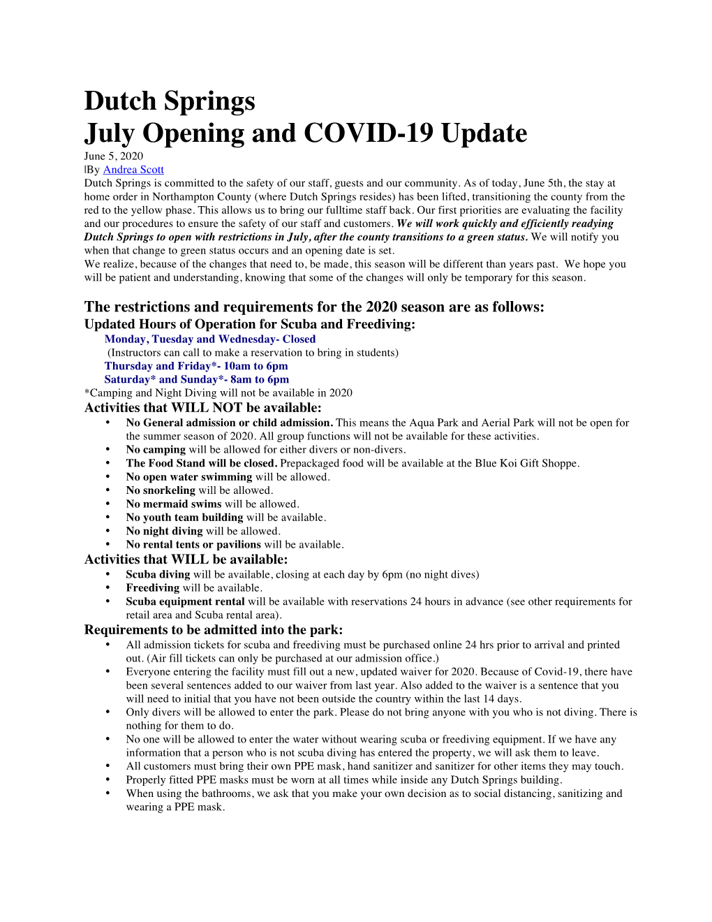 Dutch Springs July Opening and COVID-19 Update June 5, 2020 |By Andrea Scott Dutch Springs Is Committed to the Safety of Our Staff, Guests and Our Community