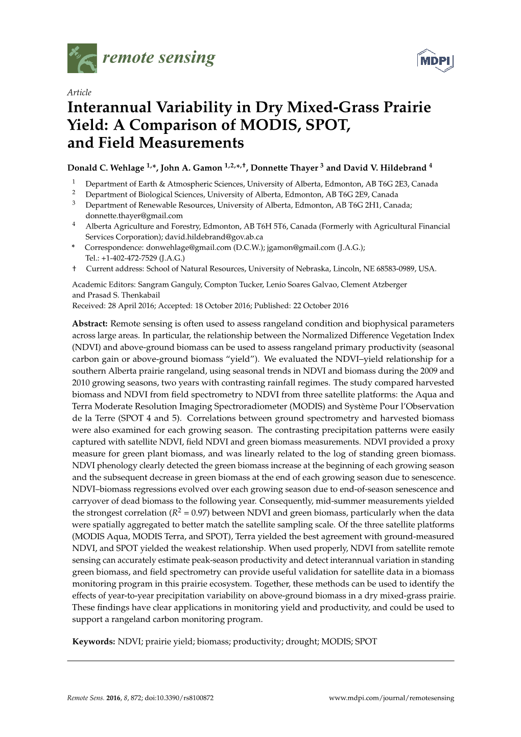 Interannual Variability in Dry Mixed-Grass Prairie Yield: a Comparison of MODIS, SPOT, and Field Measurements