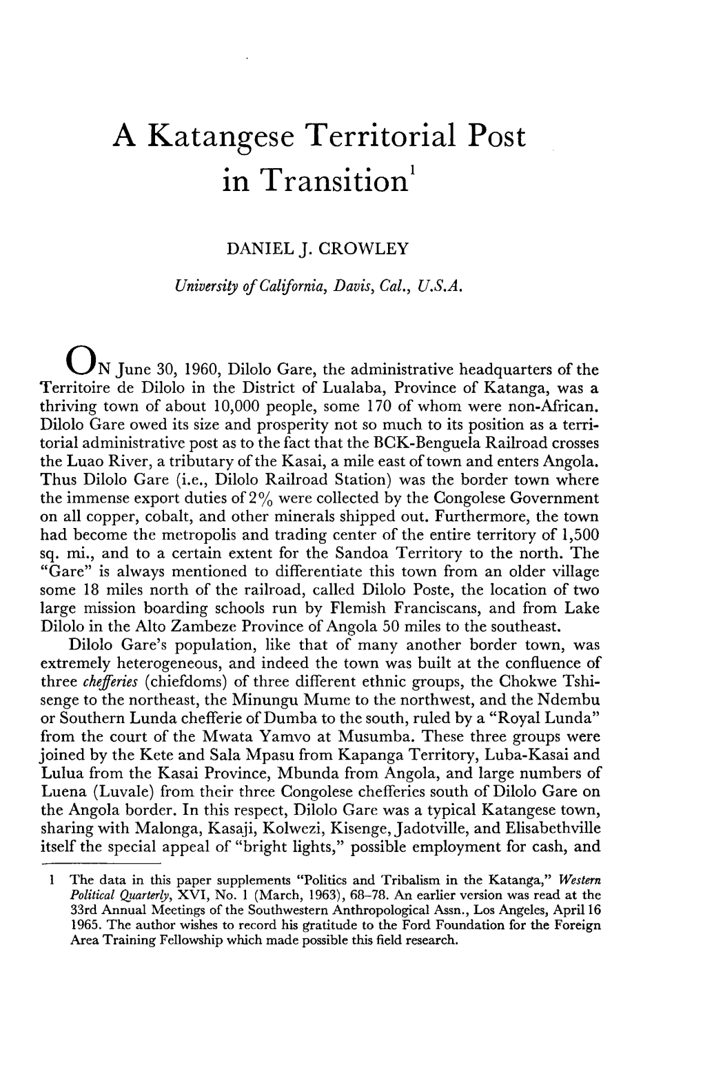 A Katangese Territorial Post in Transition1 DANIEL J. CROWLEY