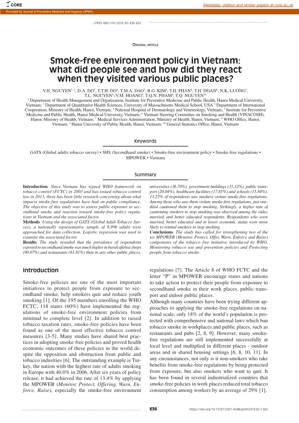 Smoke-Free Environment Policy in Vietnam: What Did People See and How Did They React When They Visited Various Public Places?