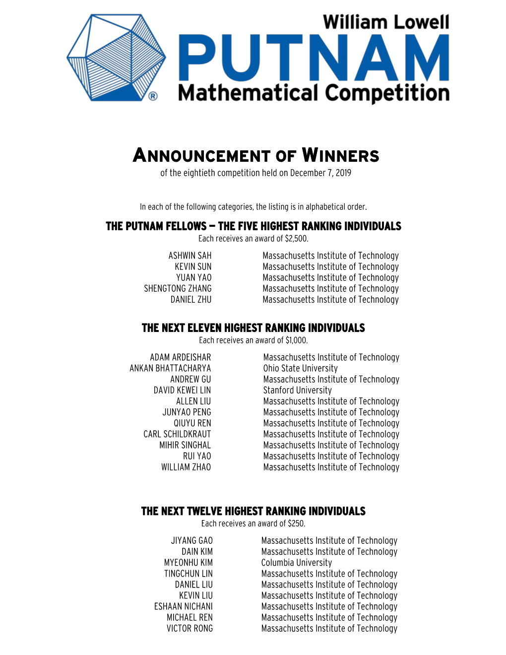 ANNOUNCEMENT of WINNERS of the Eightieth Competition Held on December 7, 2019