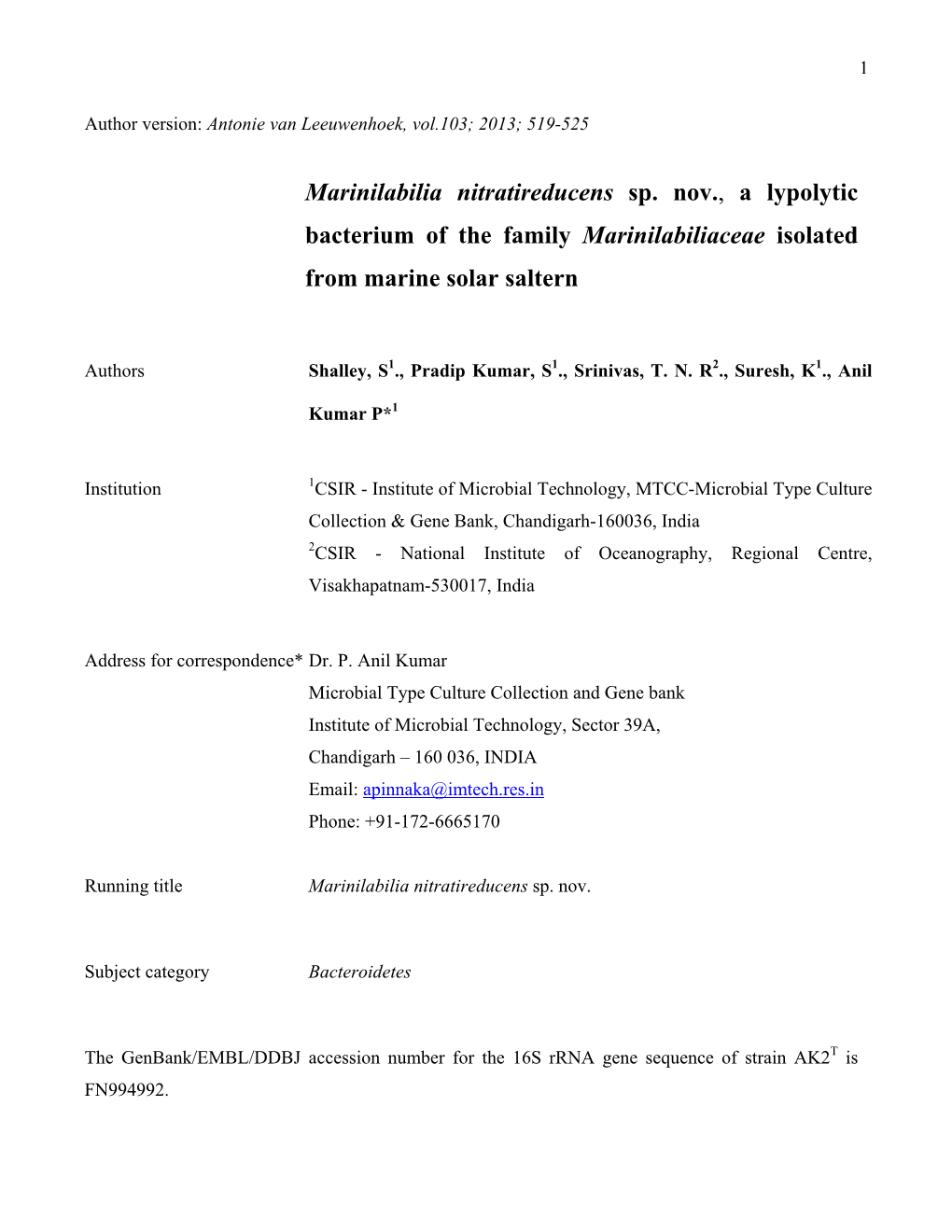 Marinilabilia Nitratireducens Sp. Nov., a Lypolytic Bacterium of the Family Marinilabiliaceae Isolated