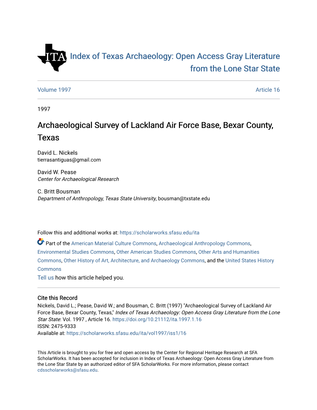 Archaeological Survey of Lackland Air Force Base, Bexar County, Texas