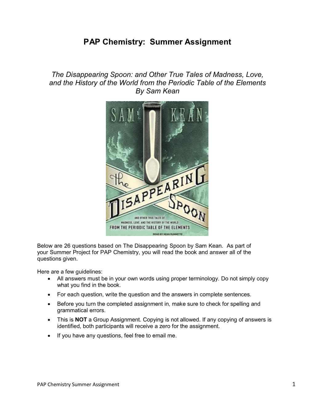 PAP Chemistry: Summer Assignment