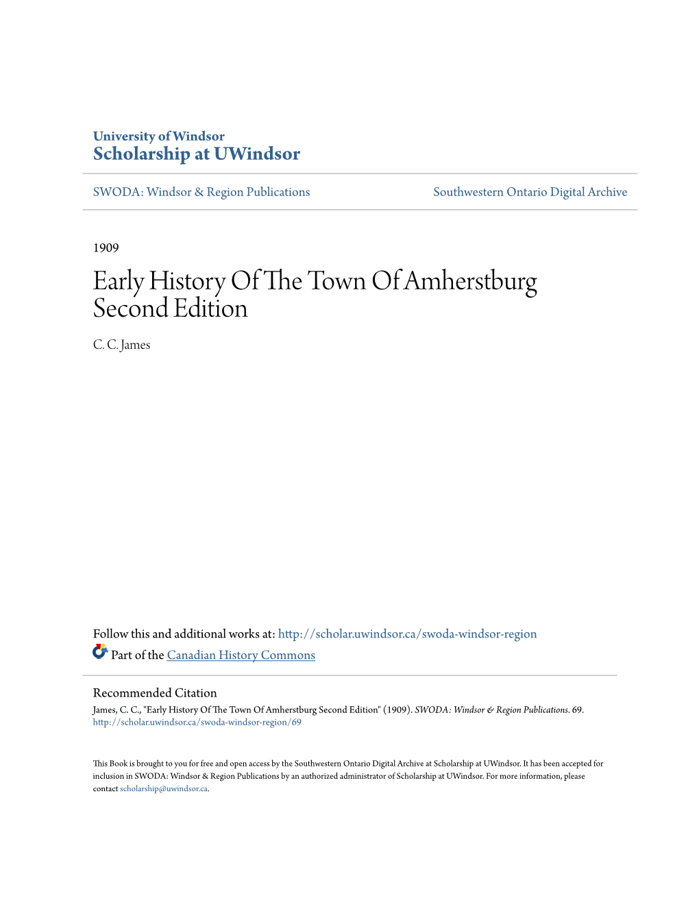 Early History of the Town of Amherstburg Second Edition