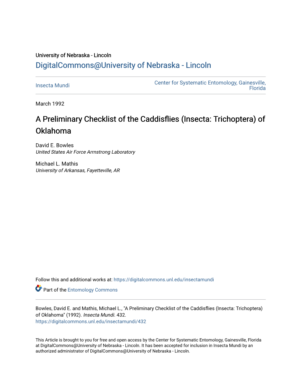 A Preliminary Checklist of the Caddisflies (Insecta: Trichoptera) Of