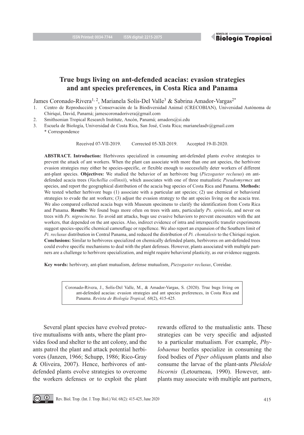 True Bugs Living on Ant-Defended Acacias: Evasion Strategies and Ant Species Preferences, in Costa Rica and Panama