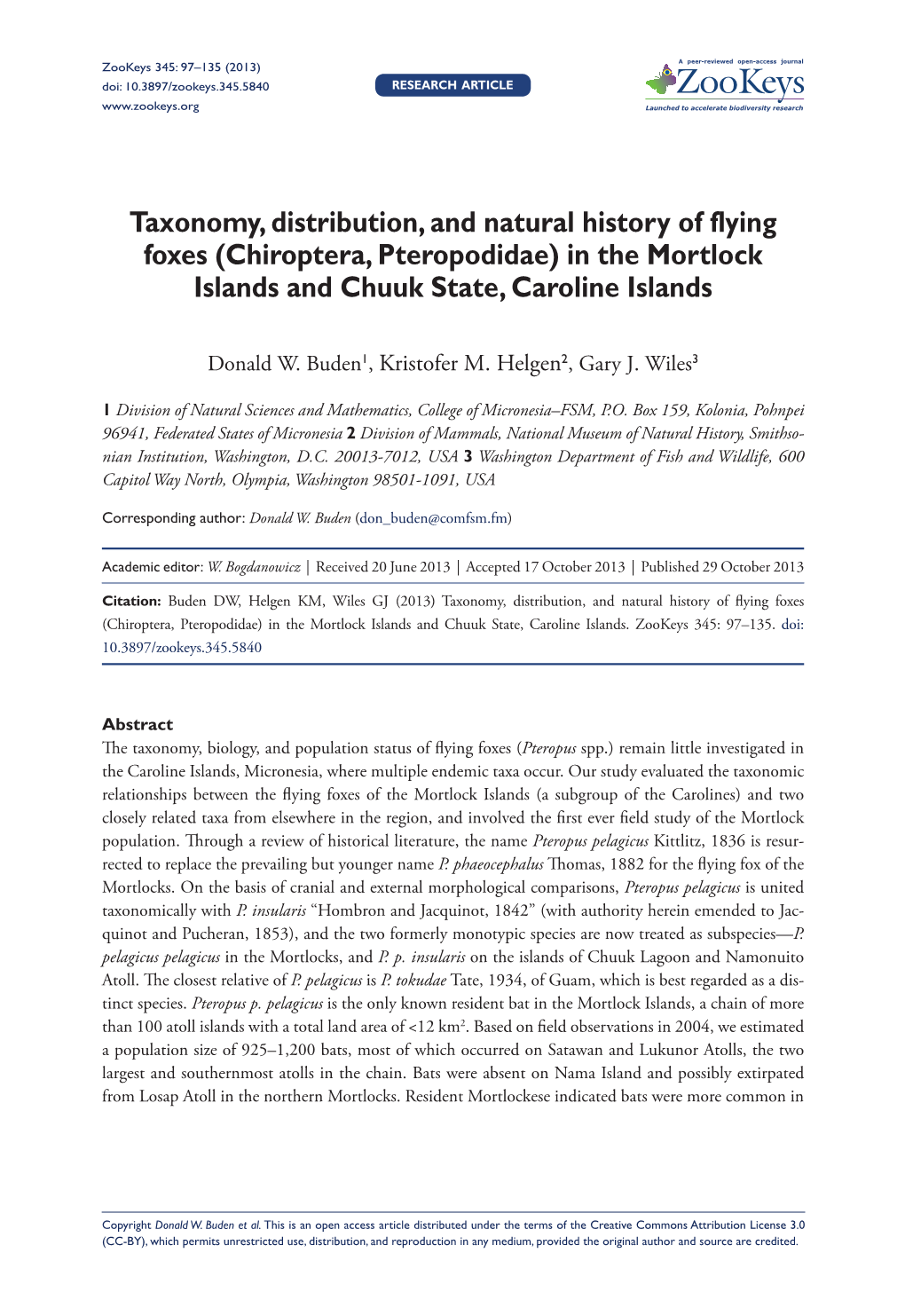 Taxonomy, Distribution, and Natural History of Flying Foxes (Chiroptera, Pteropodidae) in the Mortlock Islands and Chuuk State, Caroline Islands