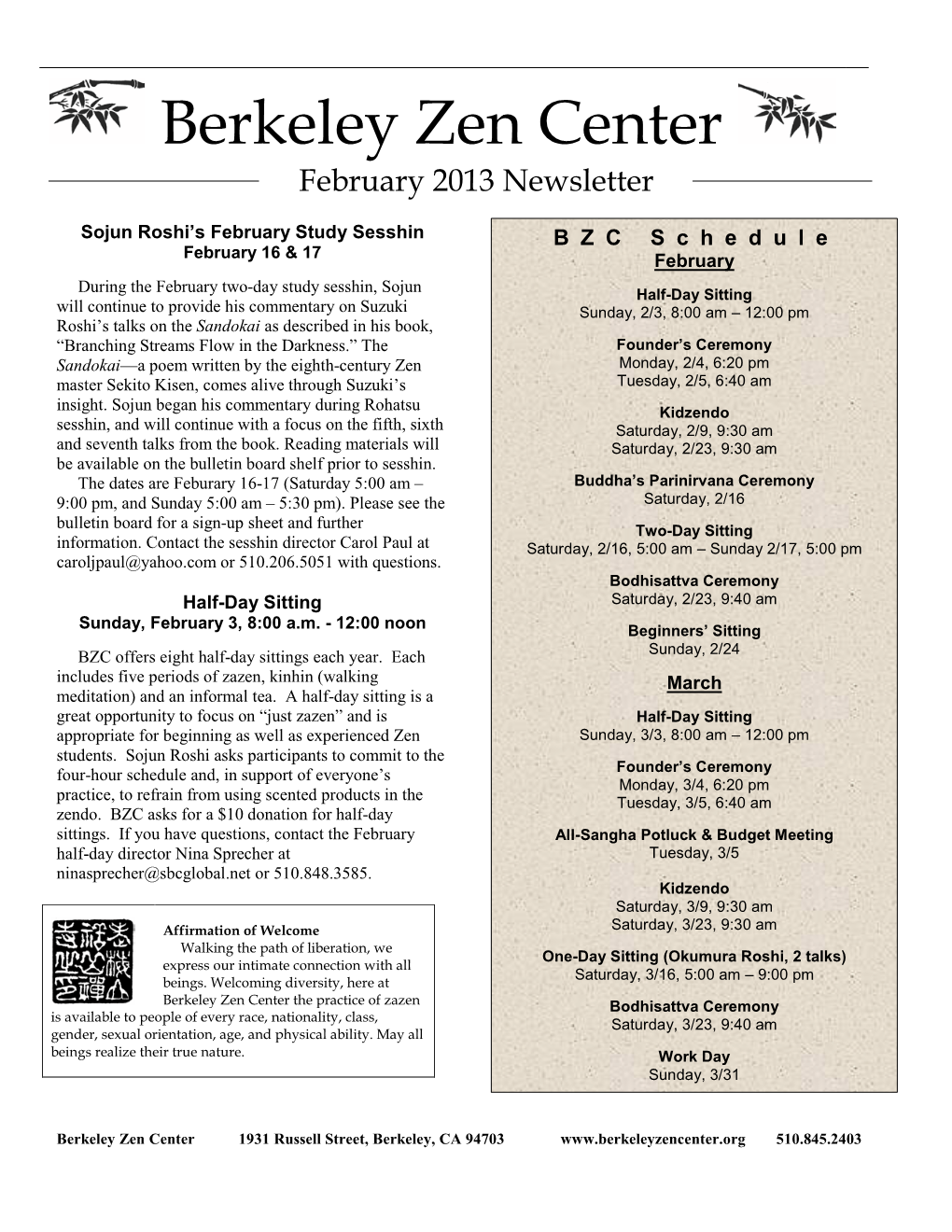 Berkeley Zen Center February 2013 Newsletter