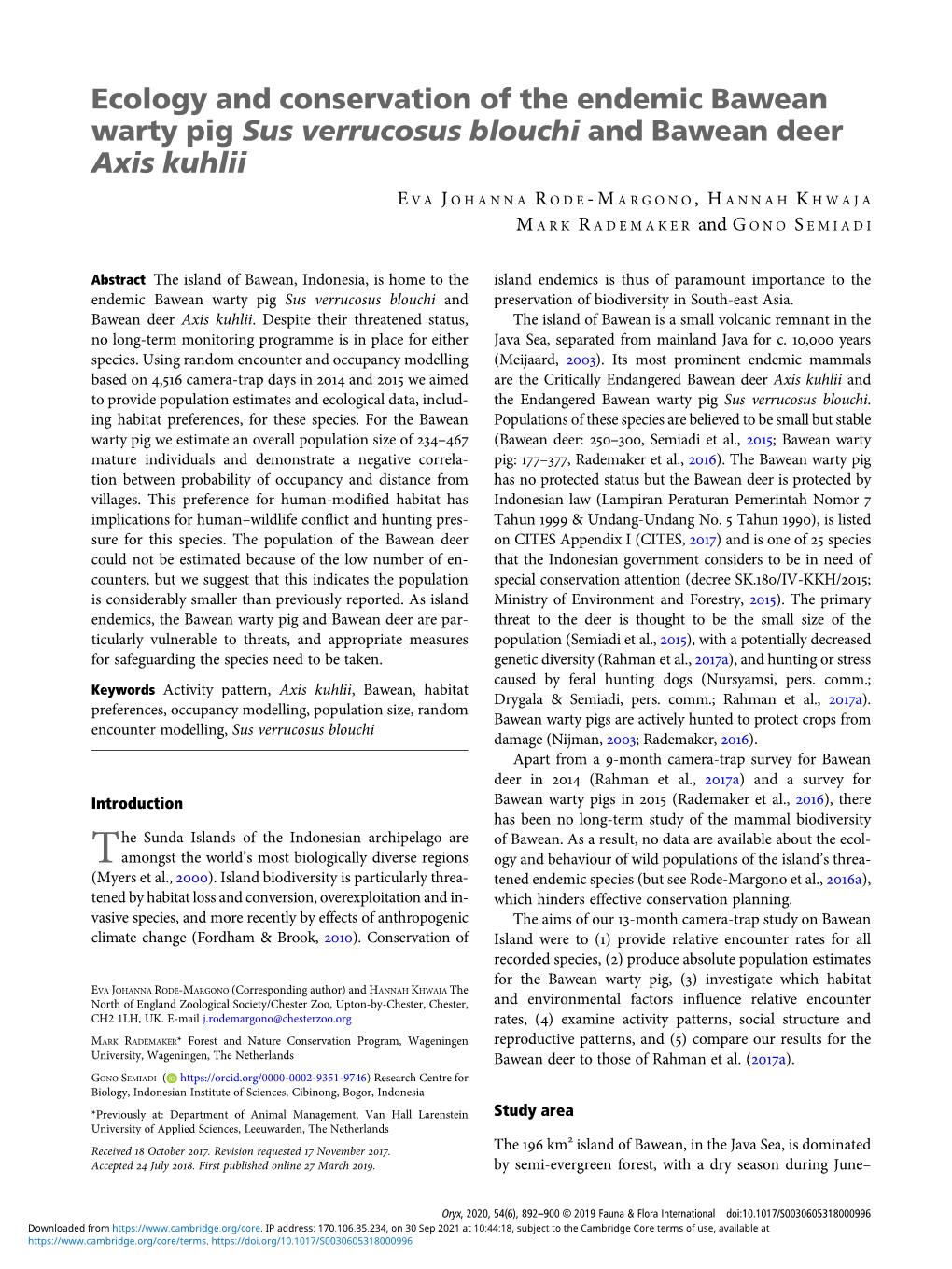 Ecology and Conservation of the Endemic Bawean Warty Pig Sus Verrucosus Blouchi and Bawean Deer Axis Kuhlii